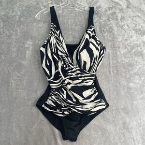 Figure Magic One-Piece Swim Suit Womens 16 Zebra Print Slimming VNeck Adjustable